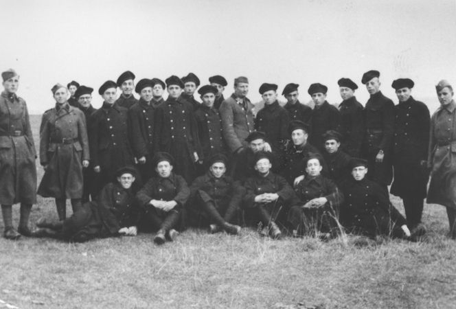 Group portrait of Jewish members of the Sixth Labor Battalion at a Slovakian labor camp